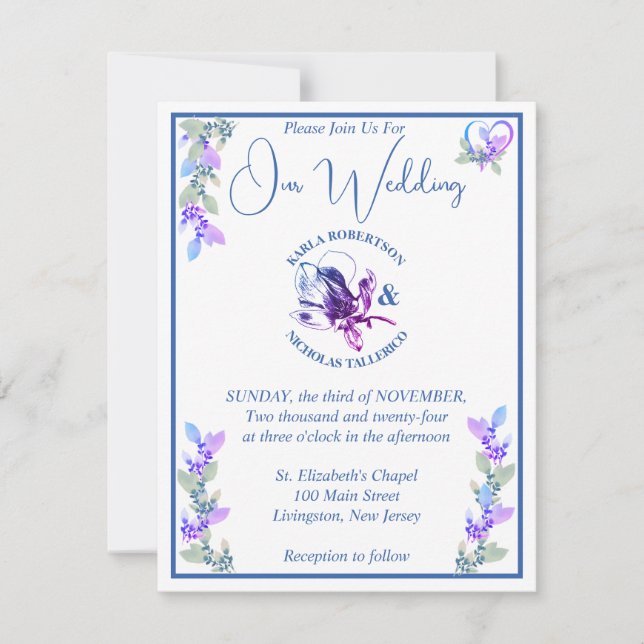Lavender and Blue Hue Floral Wedding Invitation (Front)