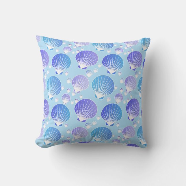 Lavender and blue seashells on pale blue cushion (Front)