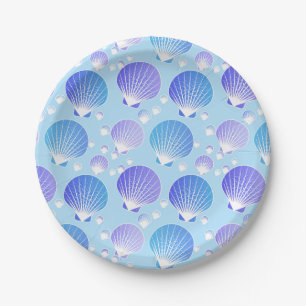Lavender and blue seashells on pale blue paper plate