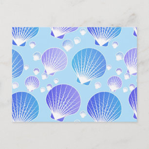 Lavender and blue seashells on pale blue postcard