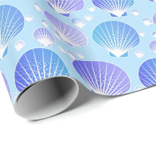 Lavender and blue seashells on pale blue wrapping paper
