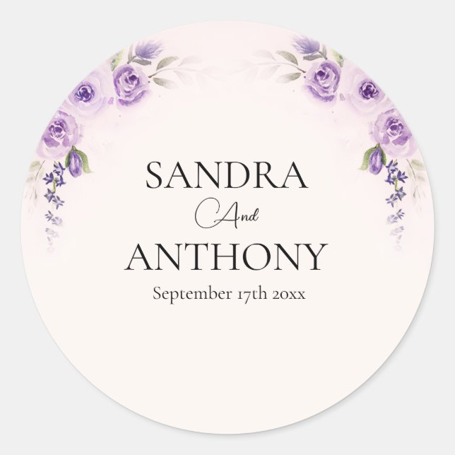Lavender and Blush Rose Wedding Classic Round Sticker (Front)