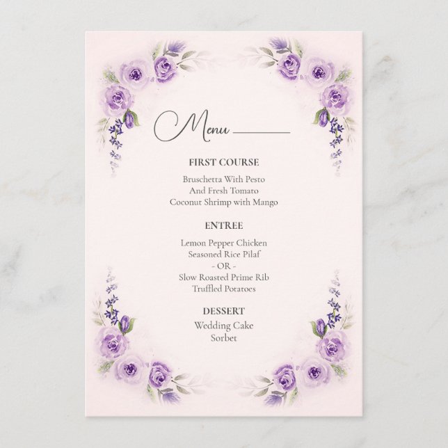 Lavender and Blush Rose Wedding Menu (Front)