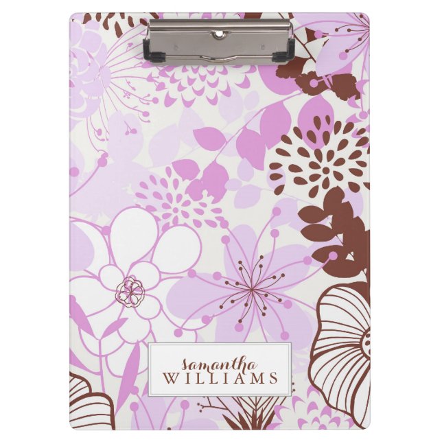 Lavender and Brown Floral Pattern Personalised Clipboard (Front)