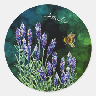 Lavender and Bumblebee painted with watercolors Classic Round Sticker