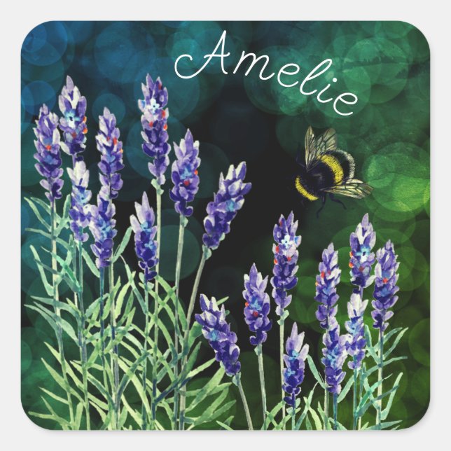 Lavender and Bumblebee painted with watercolors Square Sticker (Front)