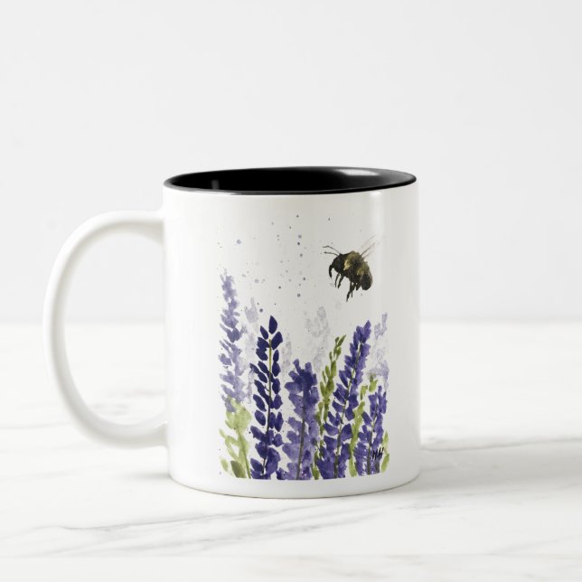 Lavender and bumblebee watercolor nature  Two-Tone coffee mug (Left)