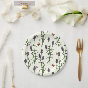Lavender and butterflies on off white paper plate