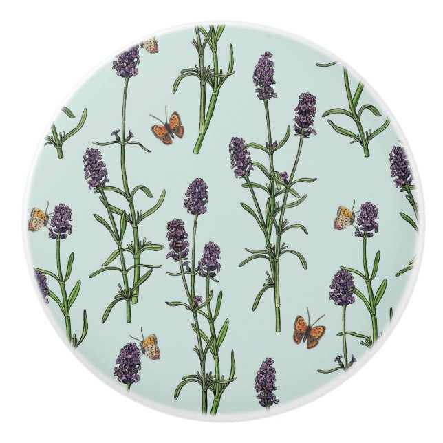 Lavender and butterflies on sea glass ceramic knob (Front)