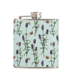 Lavender and butterflies on sea glass hip flask