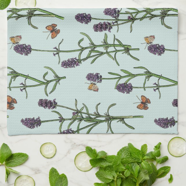 Lavender and butterflies on sea glass tea towel (Folded)