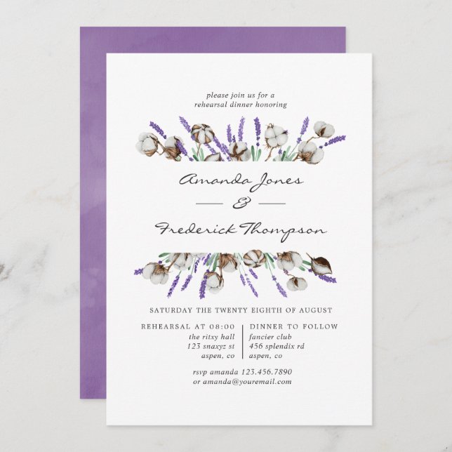 Lavender and Cotton Wedding Rehearsal Dinner Invitation (Front/Back)