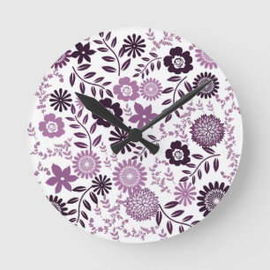 Lavender and dark purple pattern floral round clock