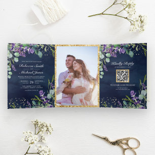 Lavender and Eucalyptus Navy Blue QR Code Wedding Tri-Fold Invitation