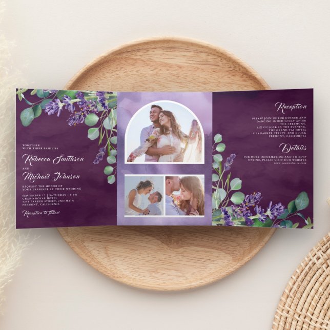 Lavender and Eucalyptus Photo Arch Purple Wedding Tri-Fold Invitation (Creator Uploaded)