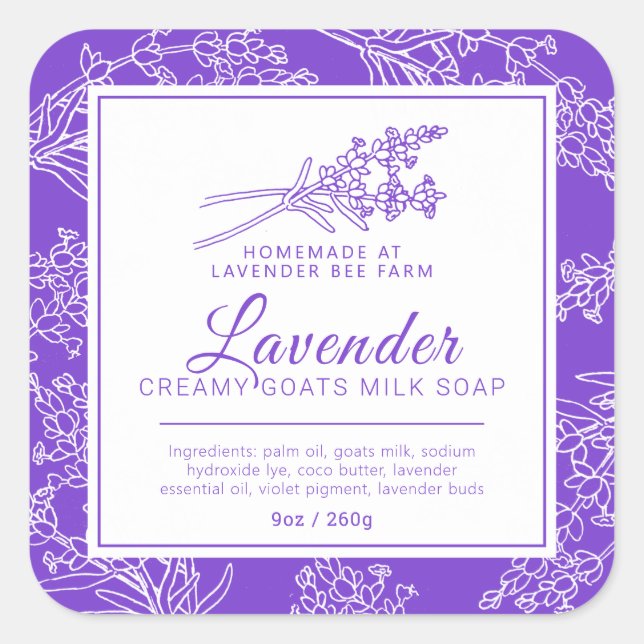 Lavender and goats milk soap purple white square sticker (Front)
