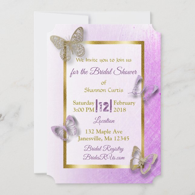 Lavender and Gold Butterfly Bridal Invitations (Front)