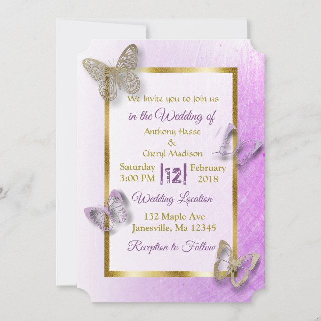 Lavender and Gold Butterfly Wedding Invitations (Front)