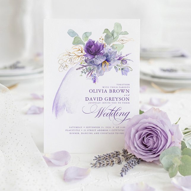 Lavender and Gold Elegant Modern Boho Wedding Invitation (Purple Flowers and Gold Greenery Botanical Sophisticated Wedding Invitations)