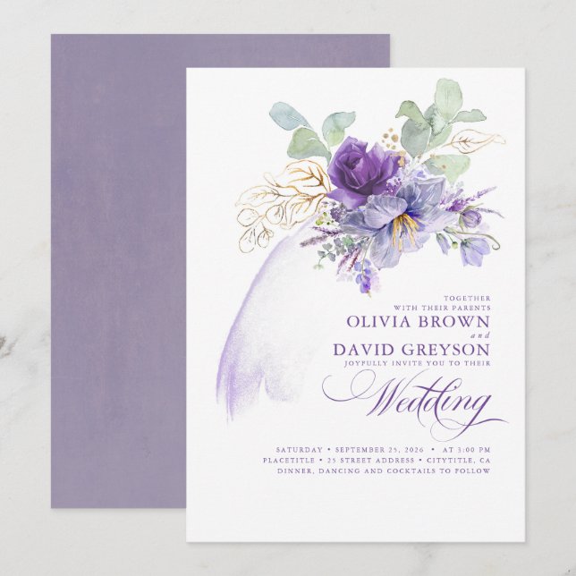 Lavender and Gold Elegant Modern Boho Wedding Invitation (Front/Back)