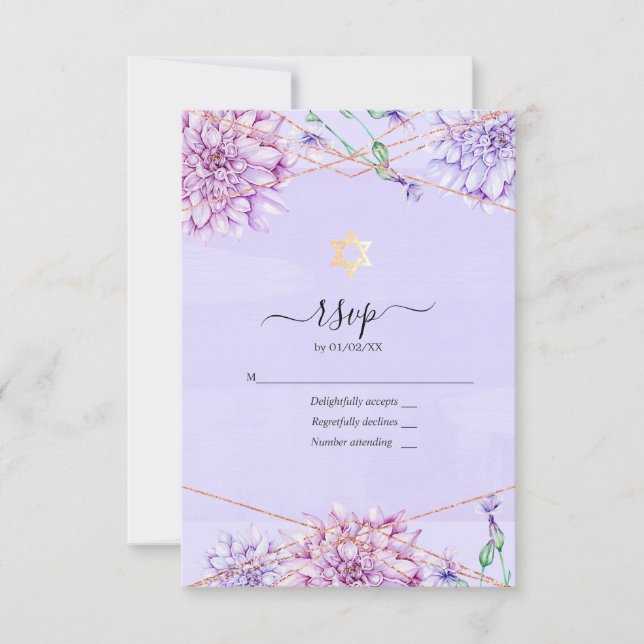 Lavender and Gold Floral Geometric Bat Mitzvah RSVP Card (Front)