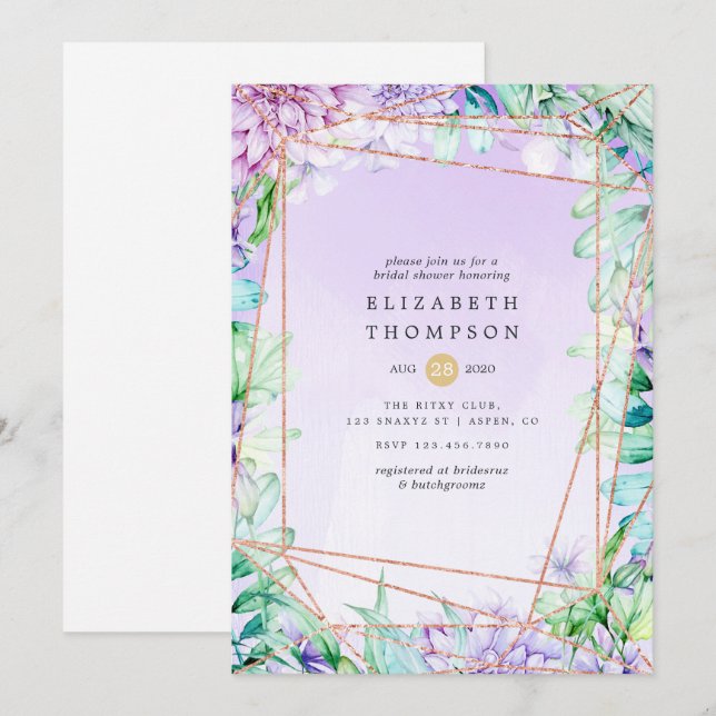 Lavender and Gold Floral Geometric Bridal Shower Invitation (Front/Back)