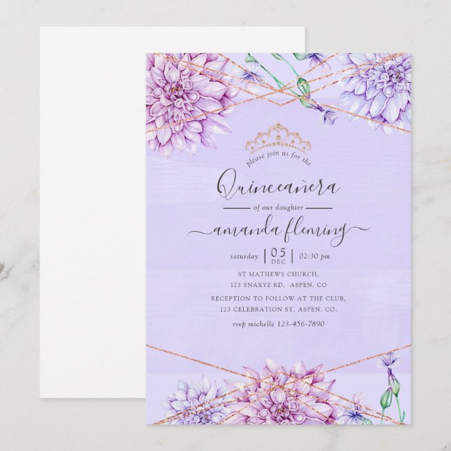 Lavender and Gold Floral Geometric Quinceañera Invitation (Front/Back)