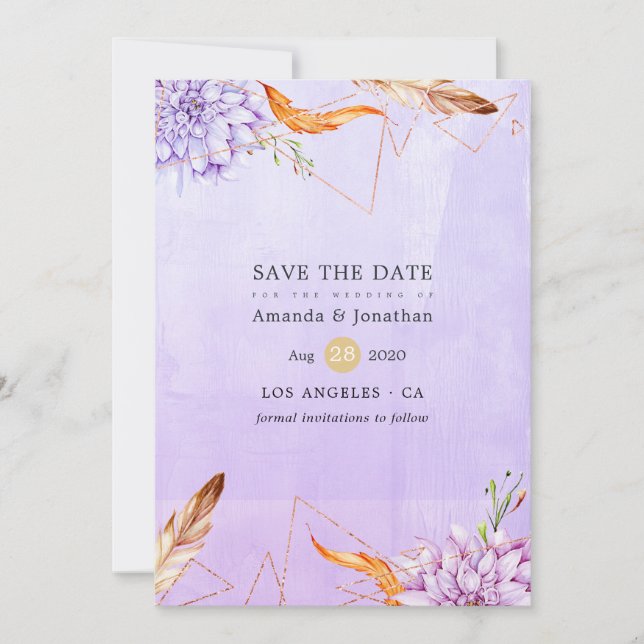 Lavender and Gold Floral Geometric Wedding Save The Date (Front)