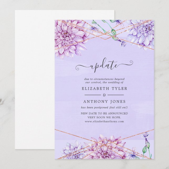 Lavender and Gold Floral Geometric Wedding Update Invitation (Front/Back)