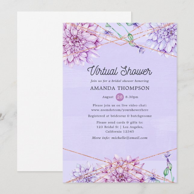 Lavender and Gold Geometric Virtual Bridal Shower Invitation (Front/Back)