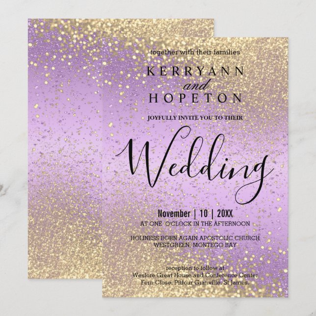 Lavender and Gold Glitter  Invitation (Front/Back)