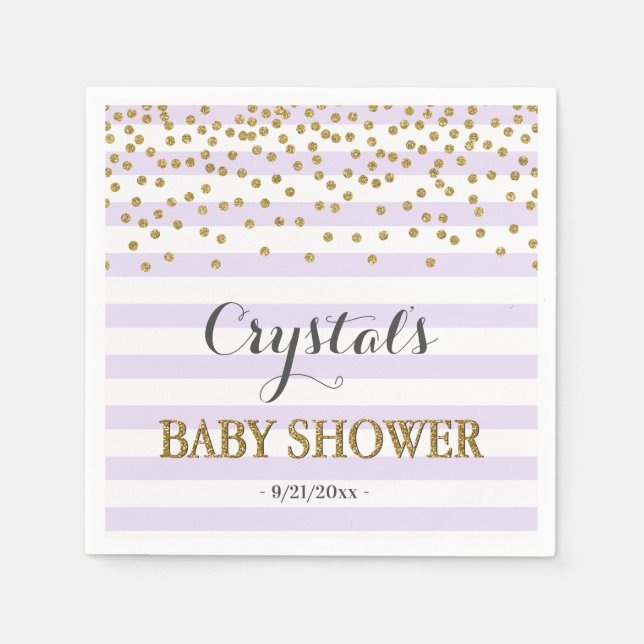 Lavender and Gold Stripe Confetti Baby Girl Shower Napkin (Front)