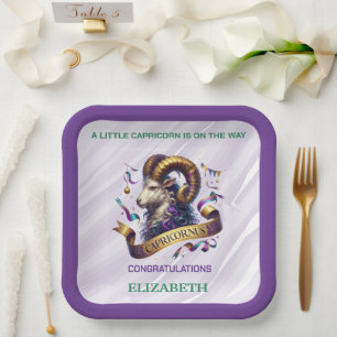 Lavender and Green Capricorn Zodiac Baby Shower Paper Plate
