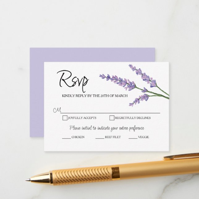 Lavender and Green Floral RSVP Enclosure Cards Set (Front/Back In Situ)