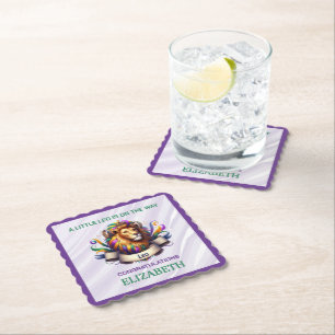 Lavender and Green Leo Zodiac Baby Shower Paper Coaster
