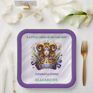 Lavender and Green Libra Zodiac Baby Shower Paper Plate