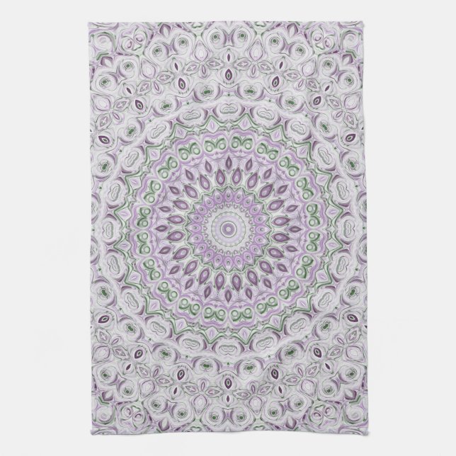 Lavender and Green Mandala Pattern Design Tea Towel (Vertical)