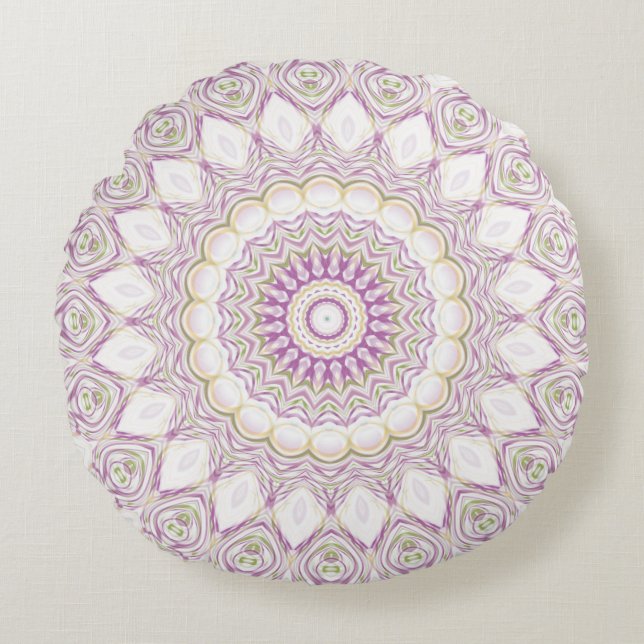 Lavender and Green Pastel Mandala Pattern Design Round Cushion (Front)