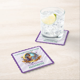 Lavender and Green Sagittarius Zodiac Baby Shower Paper Coaster