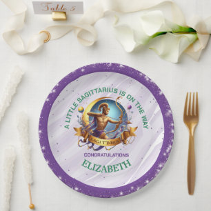 Lavender and Green Sagittarius Zodiac Baby Shower Paper Plate