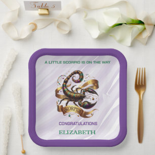 Lavender and Green Scorpio Zodiac Baby Shower Paper Plate