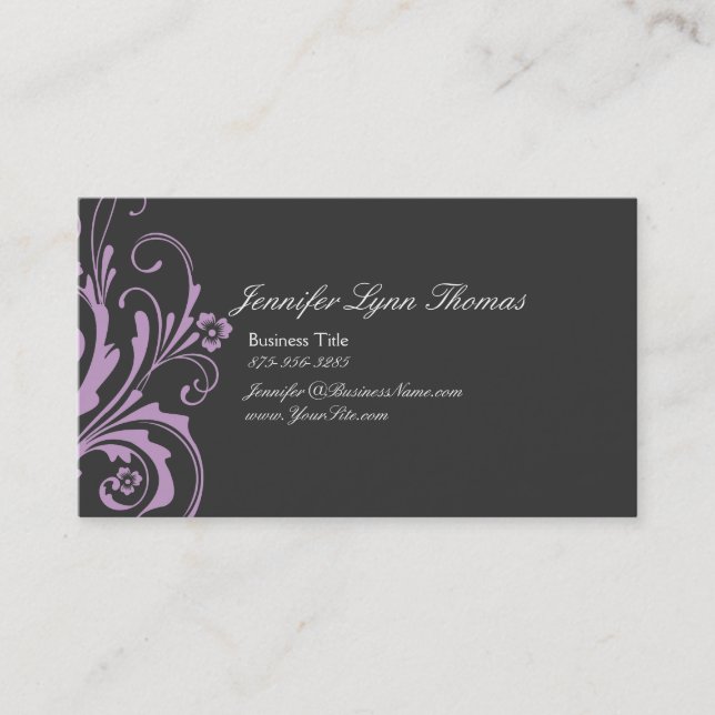 Lavender and Grey Chic Flourish Business Card (Front)