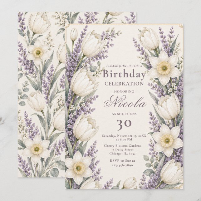 Lavender and Ivory Birthday Invitation (Front/Back)