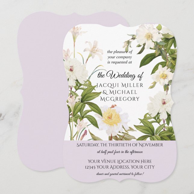 Lavender and Ivory Rose w Leaf Foliage Wedding Invitation (Front/Back)