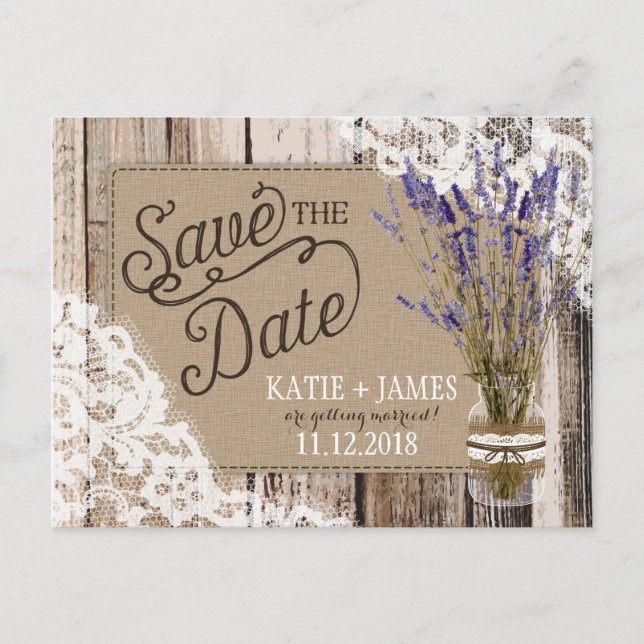 Lavender and Lace Rustic Wood Planks Save the Date Announcement Postcard (Front)