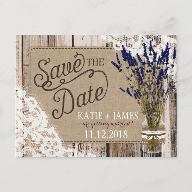 Lavender and Lace Rustic Wood Planks Save the Date Announcement Postcard (Front)