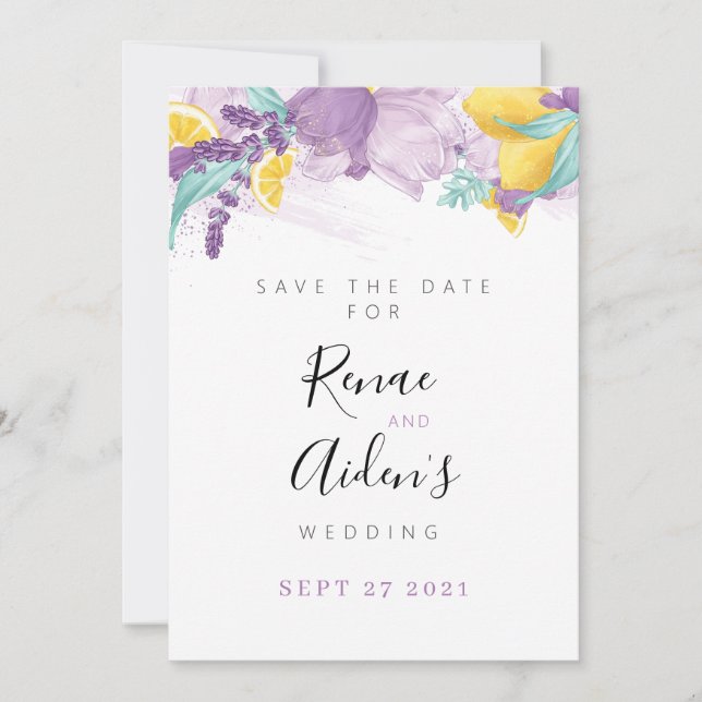 Lavender and Lemon Save the date card (Front)