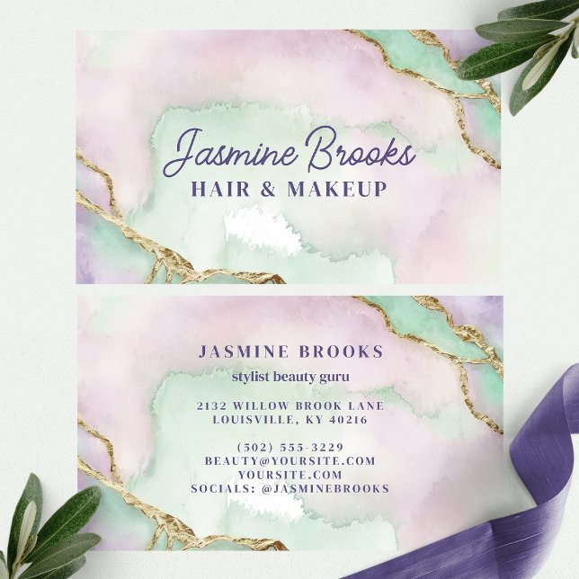 Lavender and Mint Gold Watercolor Business Card (Creator Uploaded)