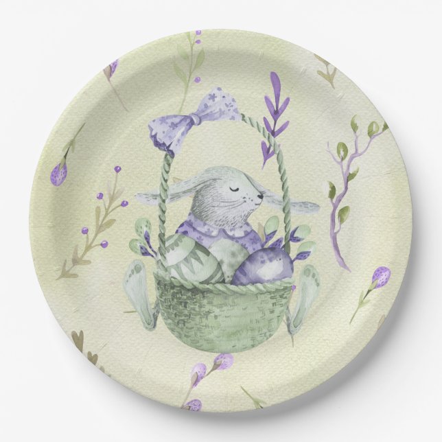 Lavender and Mint Green Easter Bunny Basket Paper Plate (Front)