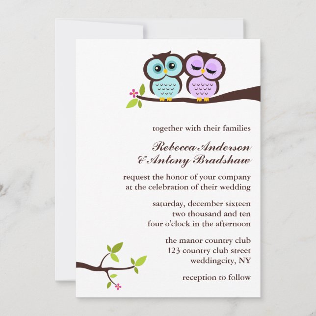 Lavender and Mint Owls Wedding Invitation (Front)